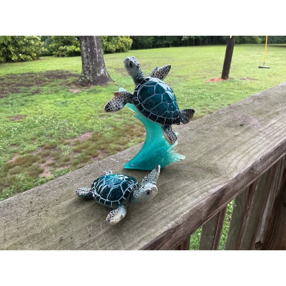Other - Sea Turtle Figurine Set Teal Turquoise Resin Ocean Wave Decor 2 Piece Coastal